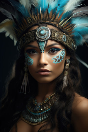a woman wearing a headdress and feathersの素材