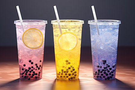 a group of drinks in plastic cupsの素材