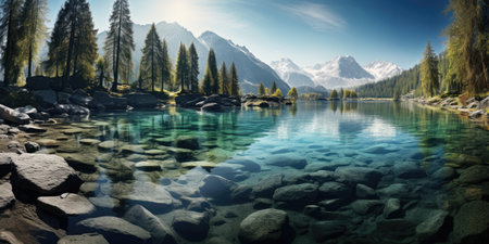 a lake with rocks and trees in the backgroundの素材