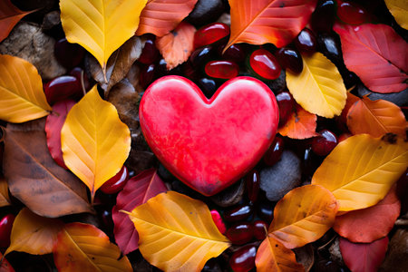 a heart shaped object surrounded by colorful leavesの素材