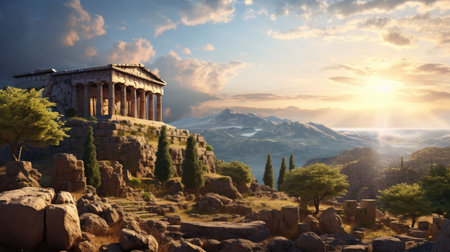 a stone building on a rocky hill with trees and mountains in the backgroundの素材