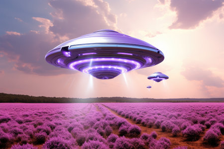 a group of ufos over a field of lavenderの素材