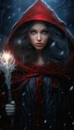 a woman in a red cape holding a magic staffの素材