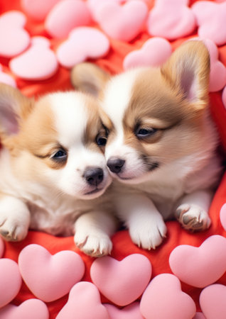 two puppies lying on a blanket with heartsの素材