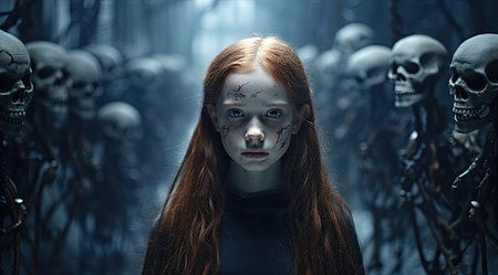 a girl with red hair and face paintの素材