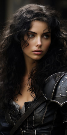 a woman with long hair wearing a armorの素材