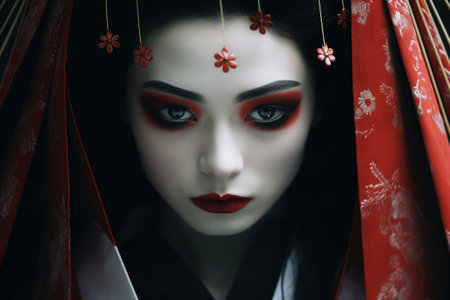 a woman with black hair and red makeupの素材