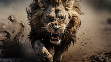 a lion running through dirtの素材