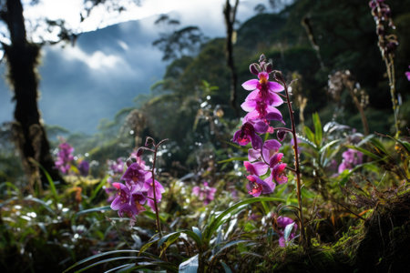purple flowers in a forestの素材