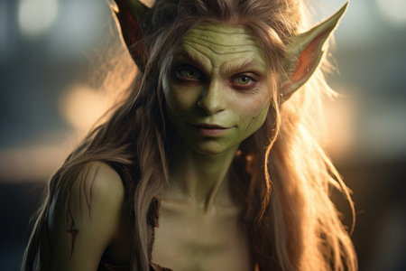 a woman with green hair and earsの素材