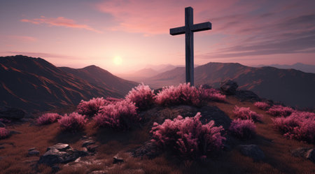 a cross on a hill with pink flowersの素材