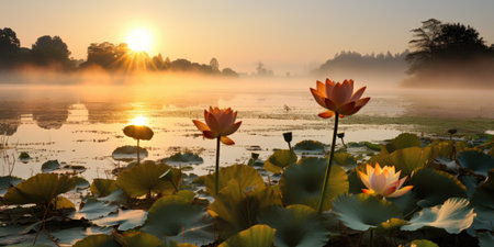 a group of flowers on the waterの素材