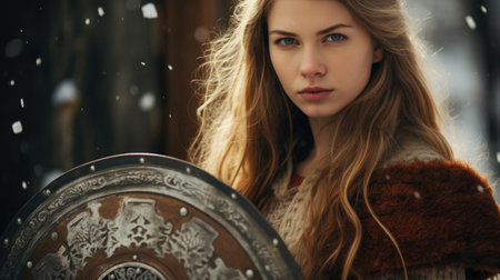 a woman holding a shieldの素材