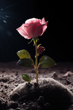 a pink rose growing out of dirtの素材