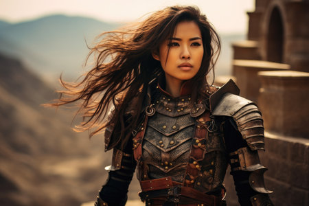 a woman in armor with wind blowing hairの素材