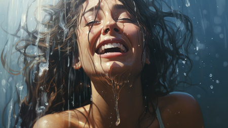 a woman smiling under a showerの素材