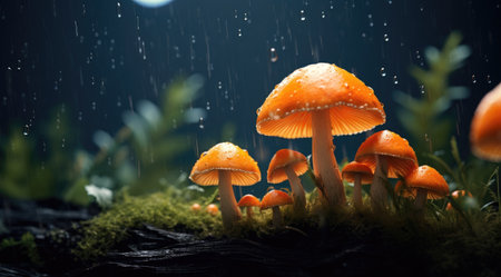 a group of mushrooms in the rainの素材