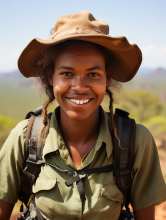 a woman wearing a hat and a backpackの素材