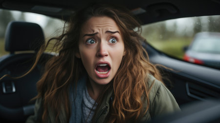 a woman with her mouth open in a carの素材