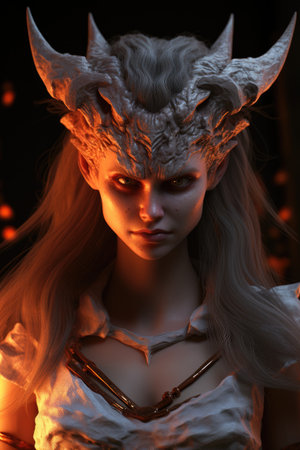 a woman with horns and red eyesの素材