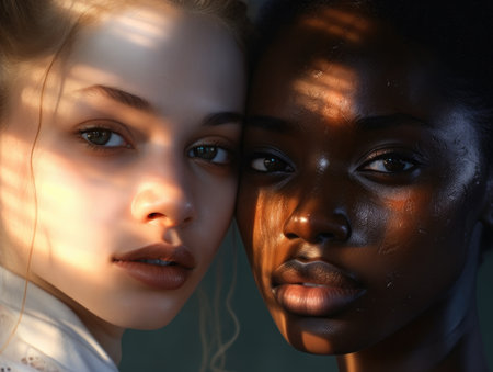 two women posing for a pictureの素材