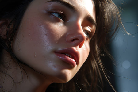 a close up of a woman's faceの素材