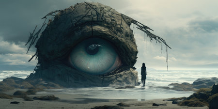 a woman standing in the water next to a large rock with a large eyeの素材