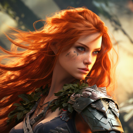 a woman with red hair and a metal armorの素材