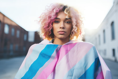 a woman with pink and blue hairの素材