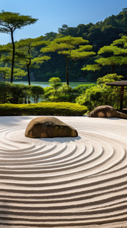 a rock garden with a circular pattern in the sandの素材