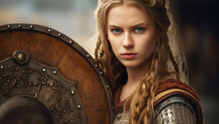 a woman in a garment holding a shieldの素材