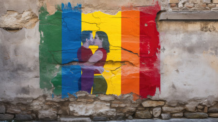 a painted picture of a couple kissing on a wallの素材