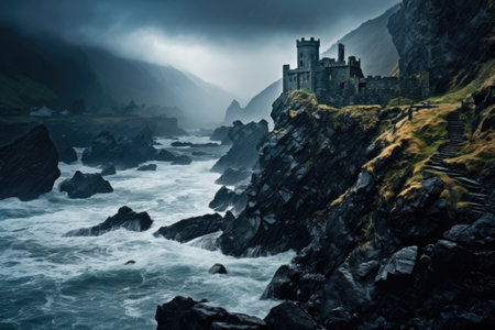 a castle on a cliff above waterの素材