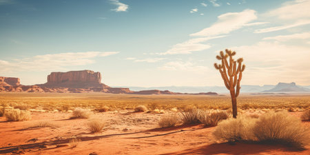 a desert landscape with a cactus and a rock in the distanceの素材