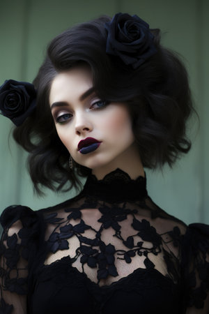 a woman with black hair and a rose in her hairの素材