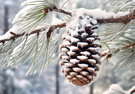 a pine cone on a branch with snowの素材