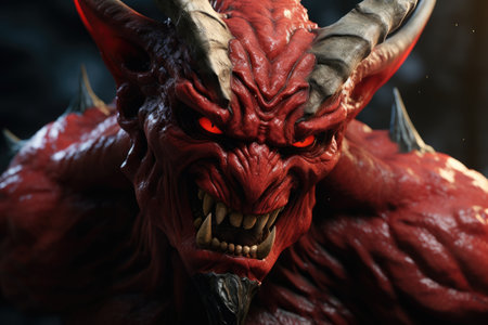 a red demon with horns and sharp teethの素材