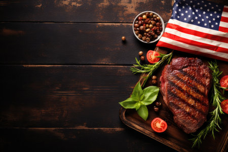 Photo pour a steak and a flag on a wooden tray - image libre de droit