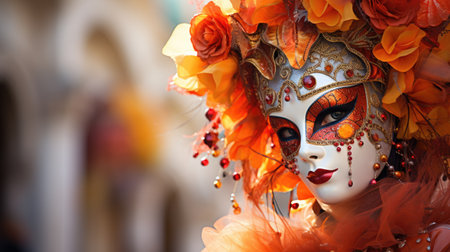 a woman wearing a mask and orange flowersの素材