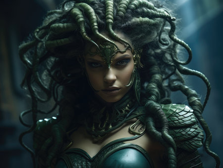 a woman with green hair and a green garmentの素材