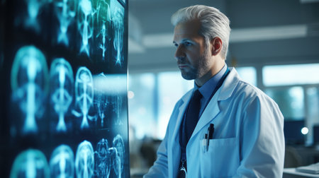 a man in a white coat looking at a large screenの素材