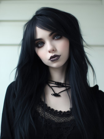 a woman with long black hair and black lipstickの素材
