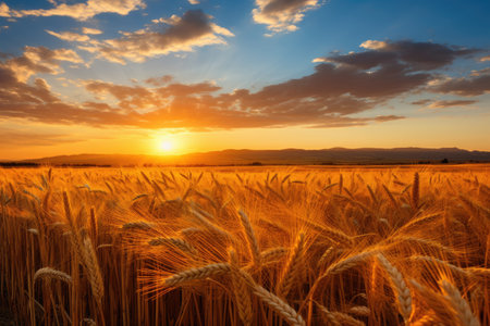 a field of wheat with the sun setting behind itの素材