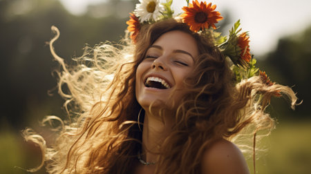 a woman with flowers on her headの素材