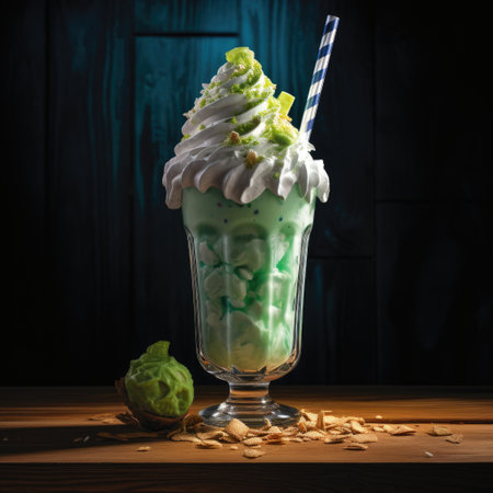 a glass with a green and white ice cream and strawの素材