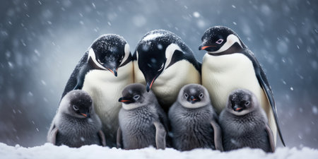 a group of penguins with baby penguins in the snowの素材
