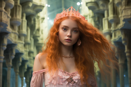 a woman with red hair wearing a crown and a pink dressの素材