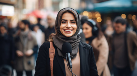 a woman with a scarf around her neck smilingの素材