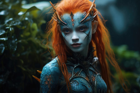 a woman with red hair and blue skin and body paintの素材