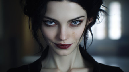 a woman with dark hair and red lipstickの素材